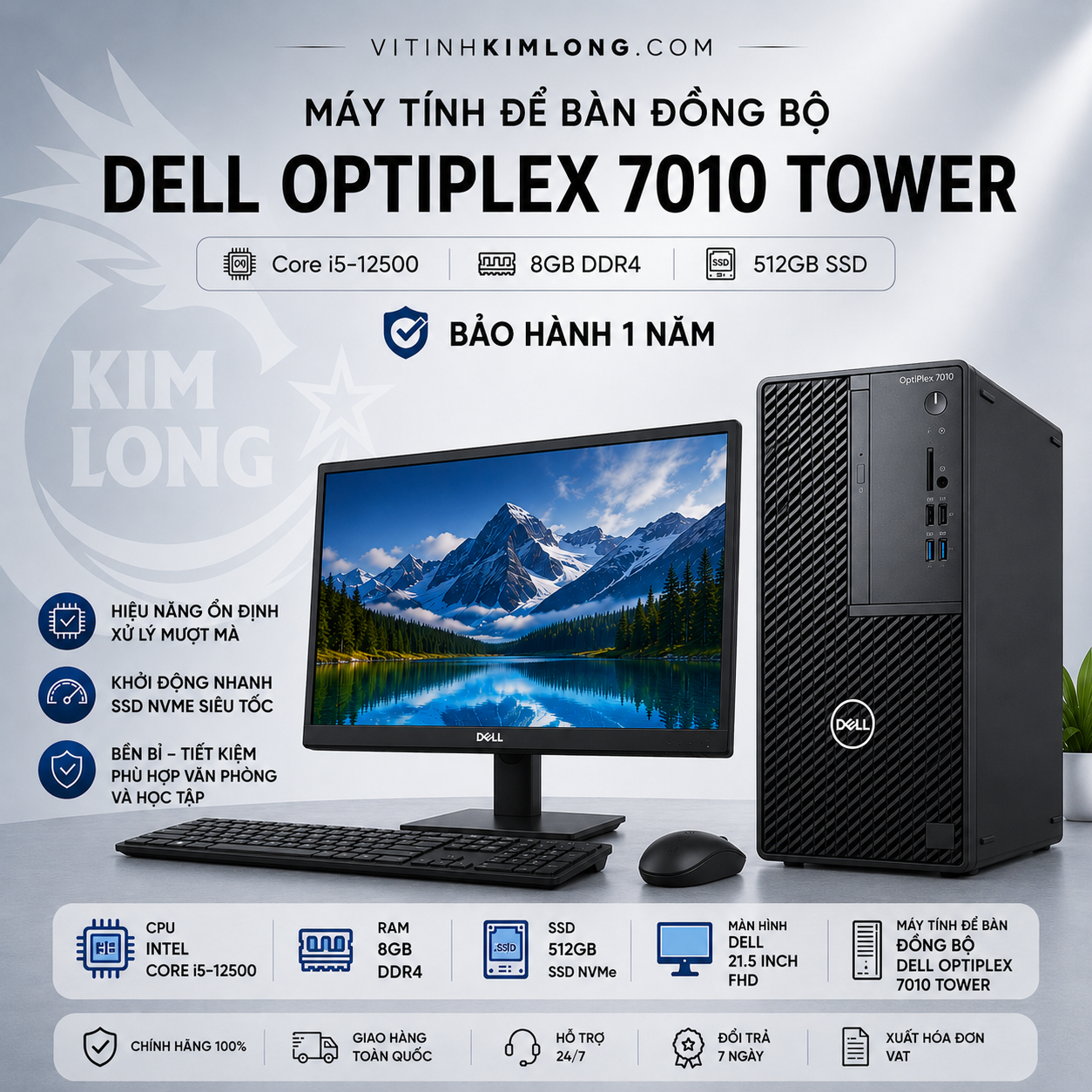 Máy tính để bàn đồng bộ Dell OptiPlex 7010 Tower (Core i5-12500 | 8GB | 512GB SSD | Intel UHD Graphics 770 | No DVD_RW | KB_M | Ubuntu Linux)